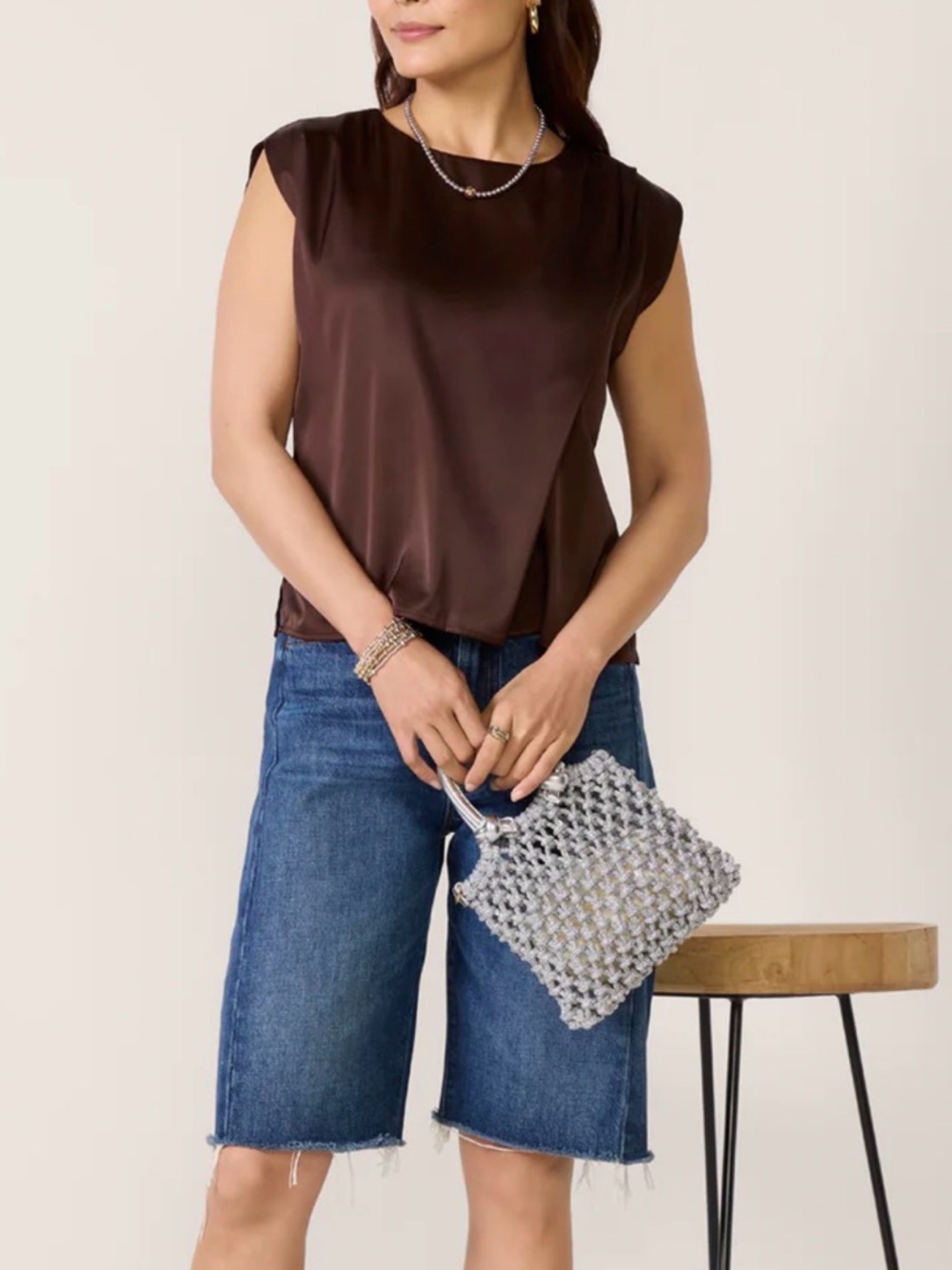 Evereve Preston pleated Satin Cap-Sleeve Blouse in Chocolate Brown